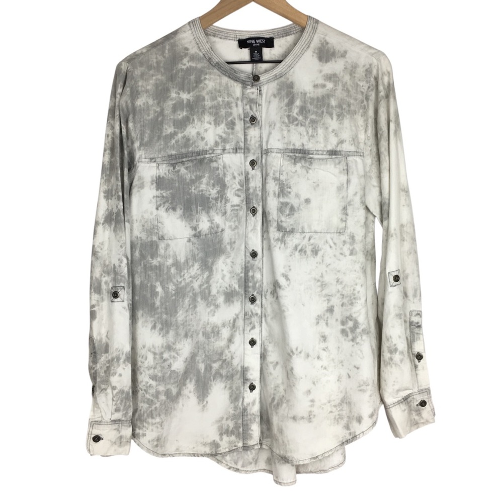 NINE WEST Jeans Top Blouse Button Up Tie Dye Distressed Roll Tab Sleeves Medium